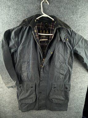 Barbour A205 Border Size 32 Blue Waxed Jacket Men Full Zip Cargo Pockets XS Slim